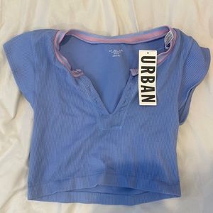 Urban Outfitters Lavender Ribbed V-Notch Crop Top with Pink Trim